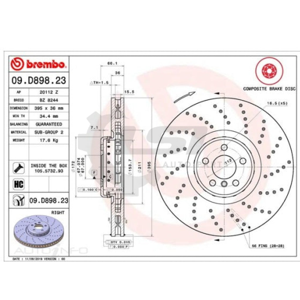 BREMBO Front LEFT and RIGHT Brake Disc Rotor for BMW X5 G05 Dimpled 395mm Brake Disc Rotors