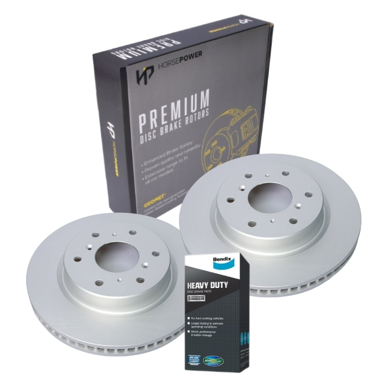 Horsepower Geomet Coated Front Brake Disc Rotors and Bendix Brake Pads for Haval H9 2.0 2015-on