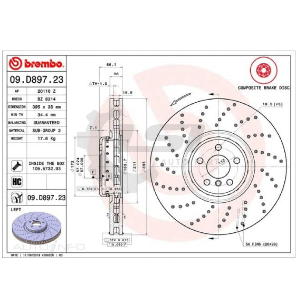 BREMBO Front LEFT and RIGHT Brake Disc Rotor for BMW X5 G05 Dimpled 395mm Brake Disc Rotors