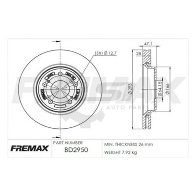 Fremax Front Disc Rotors for Honda CRV RM4 11/2012-06/2017 293mm Bosch Cal Brake Disc Rotors