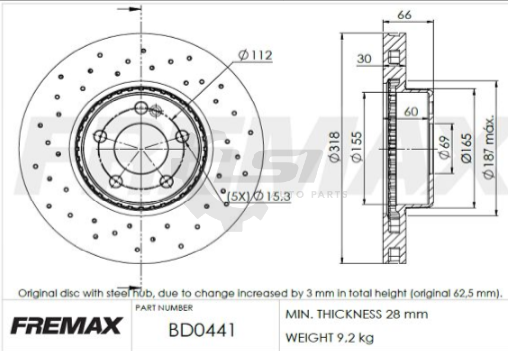 Fremax Front Disc Rotors For Merecedes Benz C200 205 1.5 1.6 2.0 15-19 Drilled Brake