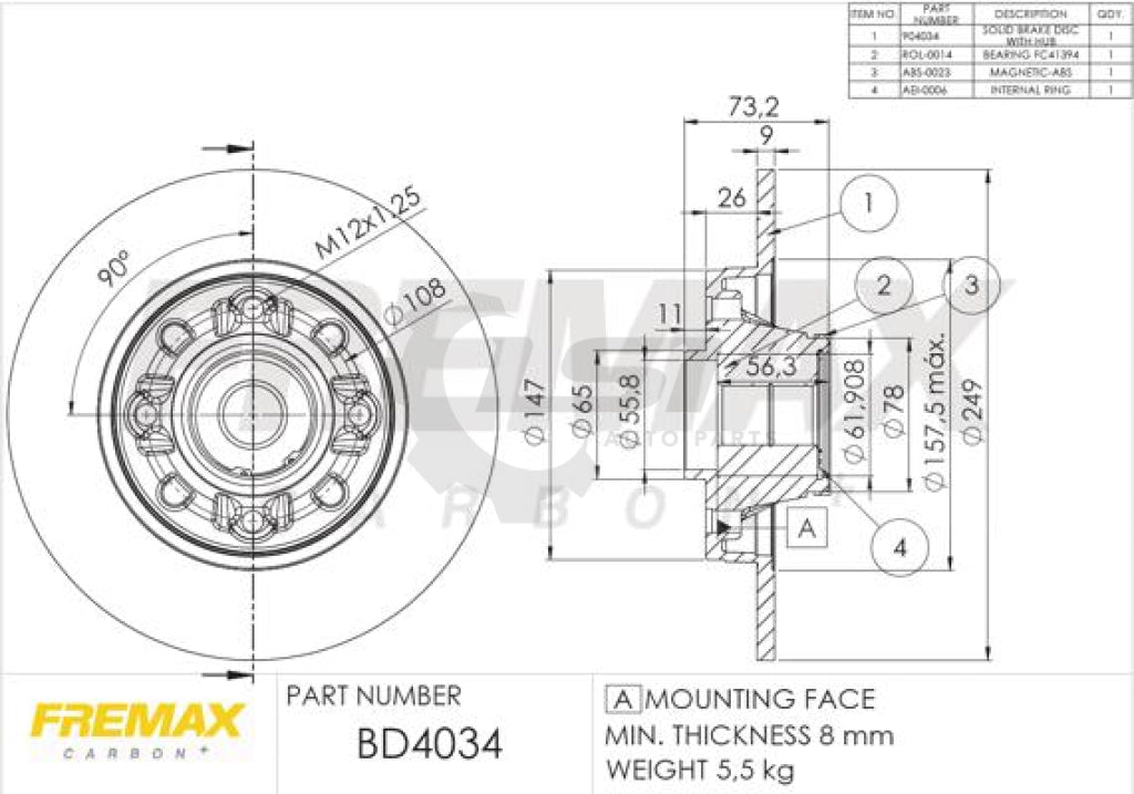Fremax Rear Disc Rotors Brake Pads For Peugeot 308 Xs Hdi Xse 1.6 08-11 Bearing Kit
