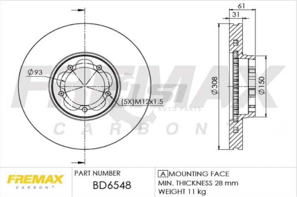 Front Disc Rotors For Ford Transit Vo 2014- 113.5 Pcd Brake